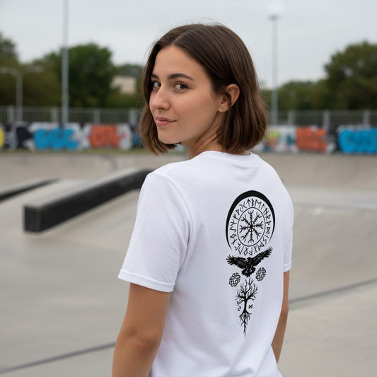 Camiseta Aegishjalmur · Símbolo Vikingo de Fortaleza · Diseño Espalda